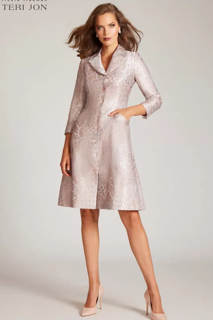 Teri Jon Tonal Metallic Pattern Coat Dress