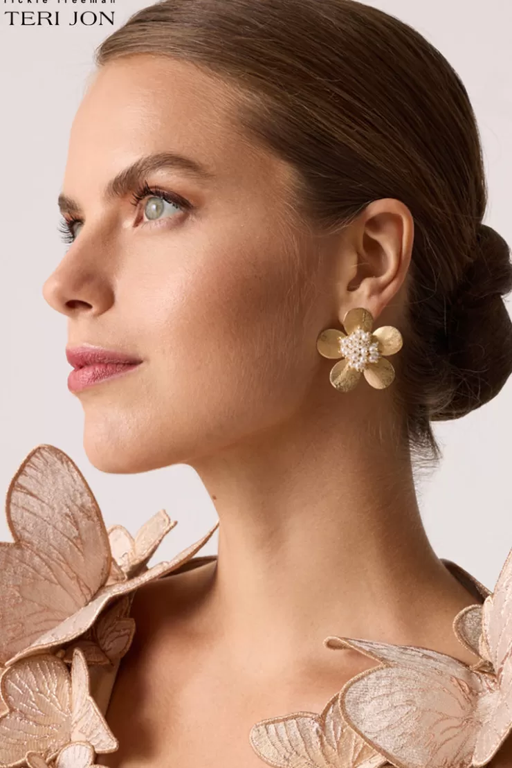 Teri Jon Tropical Pearl Flower Earrings