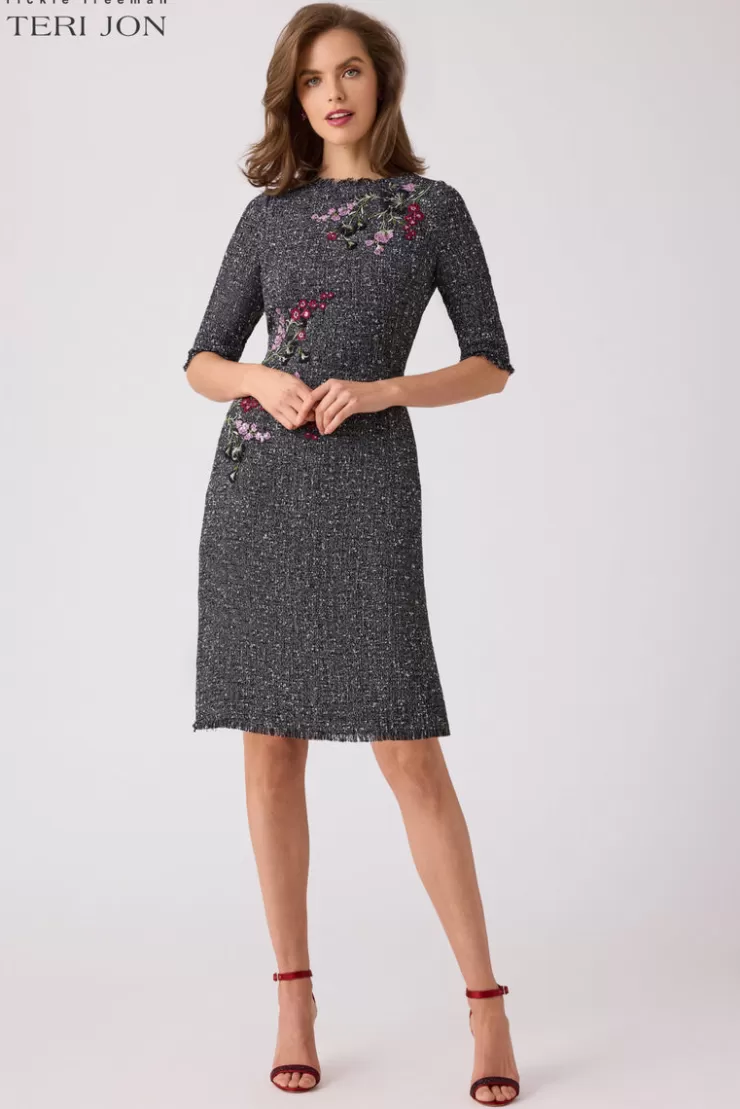 Teri Jon Tweed A-Line Applique Dress