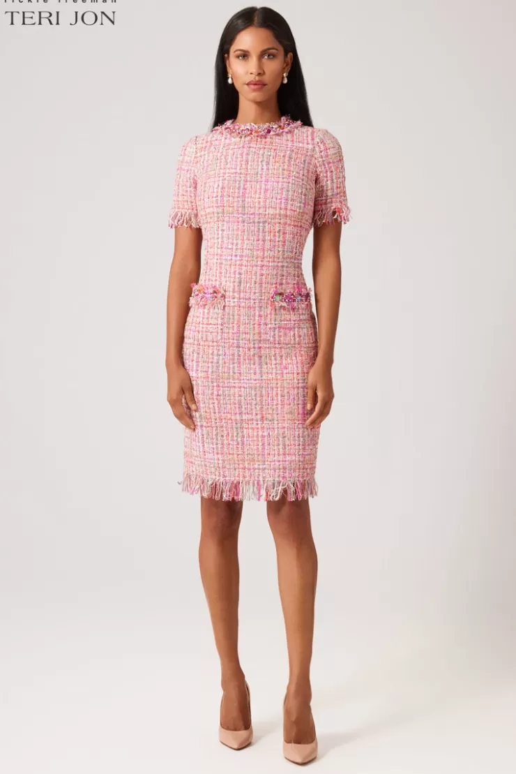 Teri Jon Tweed Sheath Dress With Bead Trim