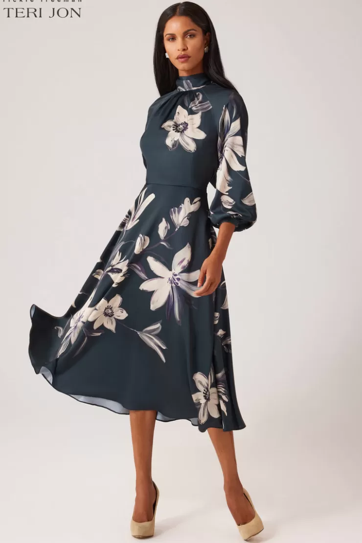 Teri Jon Twill Floral Print Tie Neck Dress