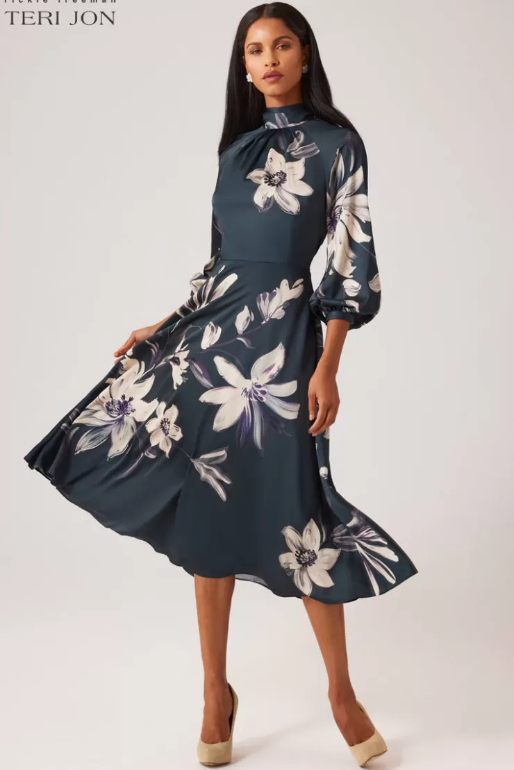 Teri Jon Twill Floral Print Tie Neck Dress