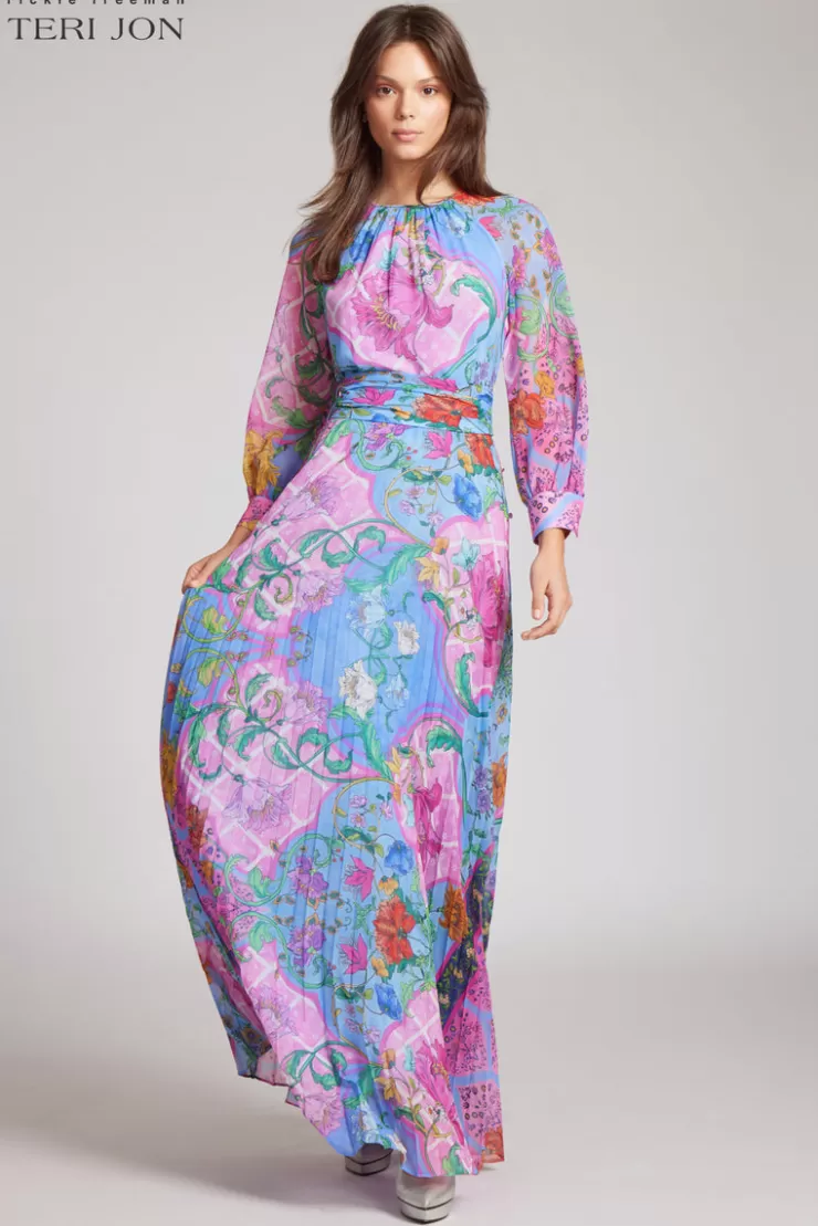 Teri Jon Whimsical Chiffon Floral Maxi Dress